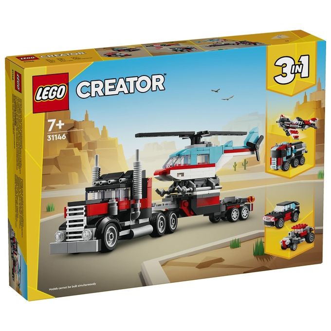 LEGO Creator 31146 3in1 Autocarro con Elicottero, Giochi per Bambini 7+ Anni Ricostruibile in Aereo e Cisterna o Auto e SUV