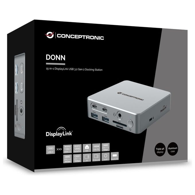 Conceptronic DONN25G Replicatore di Porte e Docking Station per Laptop Cablato Usb 3.2 Gen 2 (3.1 Gen 2) Type-c Argento
