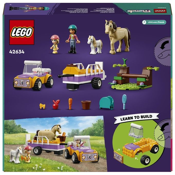 LEGO Friends 42634 Rimorchio con Cavallo e Pony, Giocattolo per la Cura degli Animali con 2 Mini Bamboline, Giochi Bambini 4+