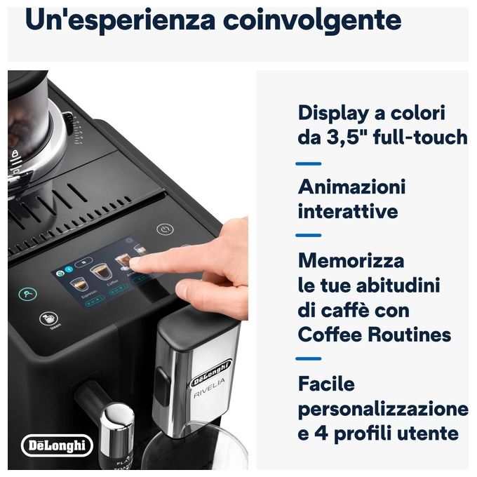 DeLonghi Rivelia Perfetto Macchina da Caffe' Automatica Chicchi Macinati al Momento Portachicchi Intercambiabile Montalatte Classico Display Touch a Colori Nero Onice