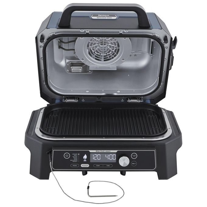 Ninja OG901EU Woodfire Pro Connect XL Barbecue Elettrico Griglia Affumicatore Friggitrice ad Aria 7 in 1 Controllo con App Termometro Digitale Pellet Woodfire Resistente alle Intemperie Nero