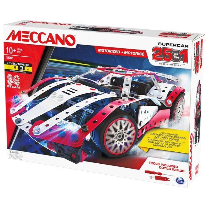 Meccano Multimodello da 25 Supercar Motorizzata Kit Di Costruzioni con 347 Pezzi Attrezzi e Fari Funzionanti