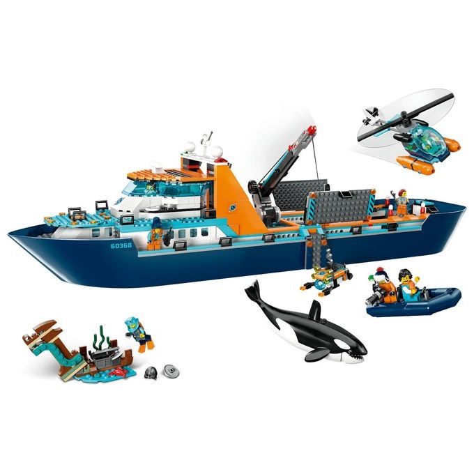 LEGO City 60368 Esploratore Artico, Grande Nave Giocattolo Galleggiante con Elicottero, Gommone, Sottomarino e Relitto Barca