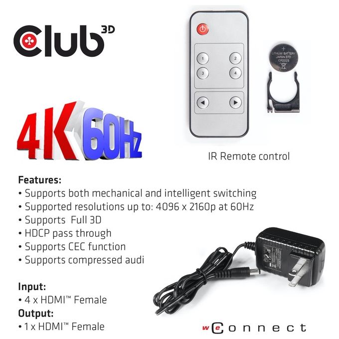 Club3D Hdmi 2.0 Ultra Hd SwitchBox 4 Ports