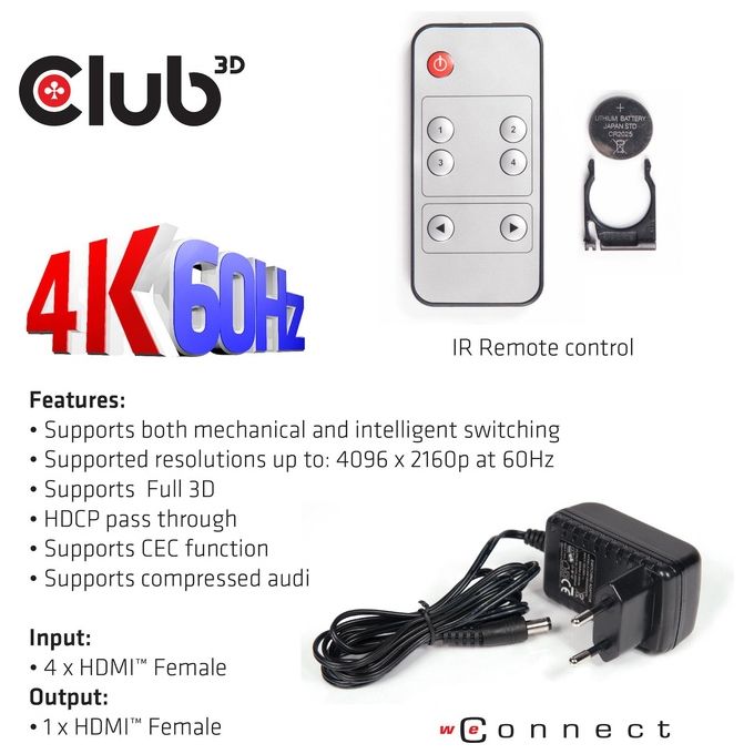 Club3D Hdmi 2.0 Ultra Hd SwitchBox 4 Ports