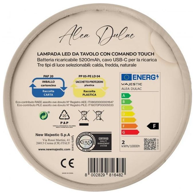 Majestic 120454 FG Lampada da Tavolo Ricaricabile Touch Luce LED Alea Dulac FG