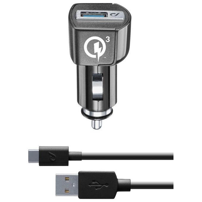 Cellular Line Kit Caricabatterie da Auto 18W e cavo Usb Type-C 1mt Nero