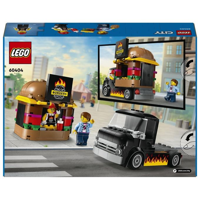 LEGO City 60404 Furgone degli Hamburger Giocattolo, Veicolo per Bambini 5+ Anni, Camion Food Truck con Accessori e 2 Minifigure