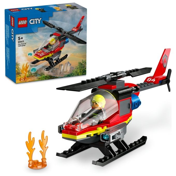 LEGO City 60411 Elicottero dei Pompieri, Veicolo Giocattolo con 2 Elementi Lancia-Acqua e Minifigure, Giochi per Bambini 5+