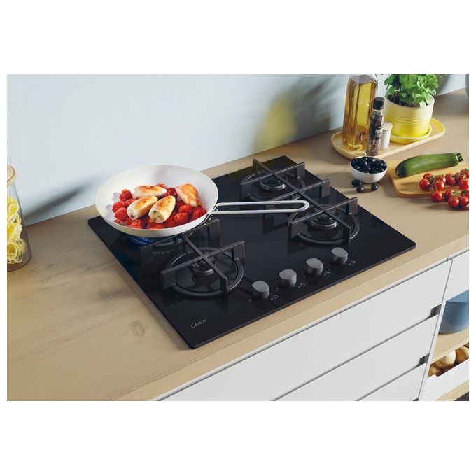 Candy CVG6B New Timeless GOG Piano Cottura a Gas su vetro 4 zone Manopole Timeless Griglie in ghisa 60 cm 4 livelli di potenza Nero