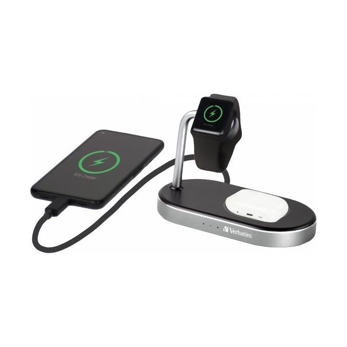 Verbatim WCS-02 Caricatore in Alluminio 3-in-1 Qi MFi WiFiAppel Watch