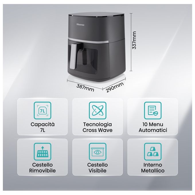 Hisense HAF1900D - Friggitrice ad aria 7 L, potenza 1800 W, programmi preimpostati, display digitale, tecnologia di cottura ad aria calda, colore Nero