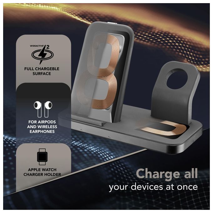 [ComeNuovo] Cellular Line Trio Wireless Charger Supporto di Ricarica Wireless 3in1 per Dispositivi Apple Nero