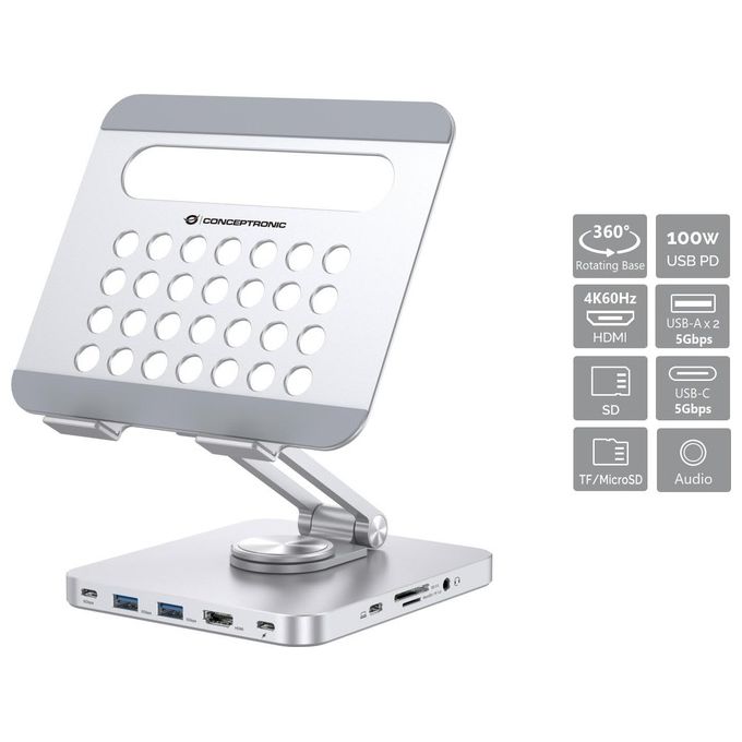 Conceptronic DONN26G Supporto per Tablet con Docking Station USB 3.2 Gen 1 8 in 1