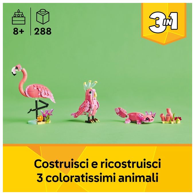 LEGO Creator 3 in 1 Animali Selvatici: Fenicottero Rosa Giocattolo - Si Trasforma in Uccello Cacatua o in Axolotl - Animali da Costruire per Bambini e Bambine da 8 Anni - Regalo di Compleanno 31170