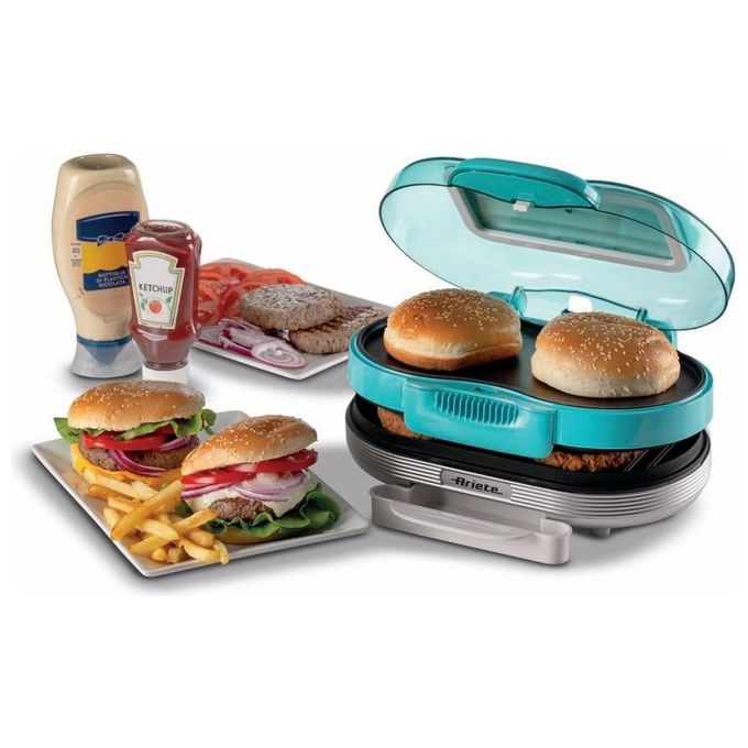 Ariete 205 Hamburger Maker Party Time Macchina per Fare Hamburger 1200W Doppie Piastre Antiaderenti 2 Scomparti Azzurro