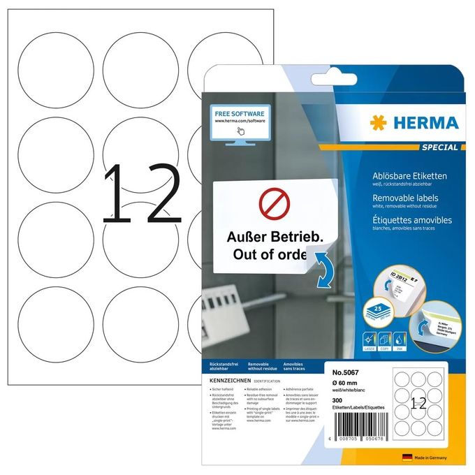 Herma Etichette Autoadesive Rotonde 60mm 25 Fogli DIN A4 300 Pezzi