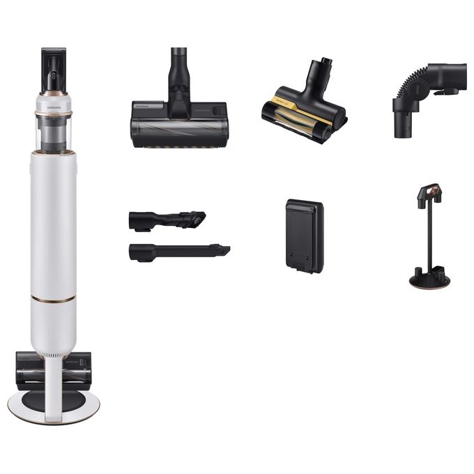 Samsung BESPOKE Jet Plus Upright – Scopa elettrica senza filo, potenza 580 W, autonomia fino a 60 min, tecnologia ciclone + motore digitale, Colore Bianco-Nero