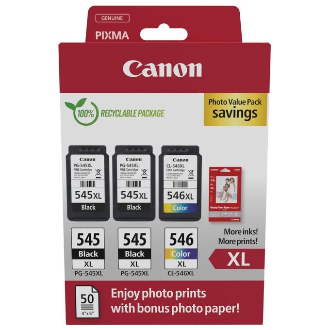 Canon 8286B015 Cartuccia d'Inchiostro 3 Pezzi Originale Resa Elevata (XL) Nero-Ciano-Magenta-Giallo