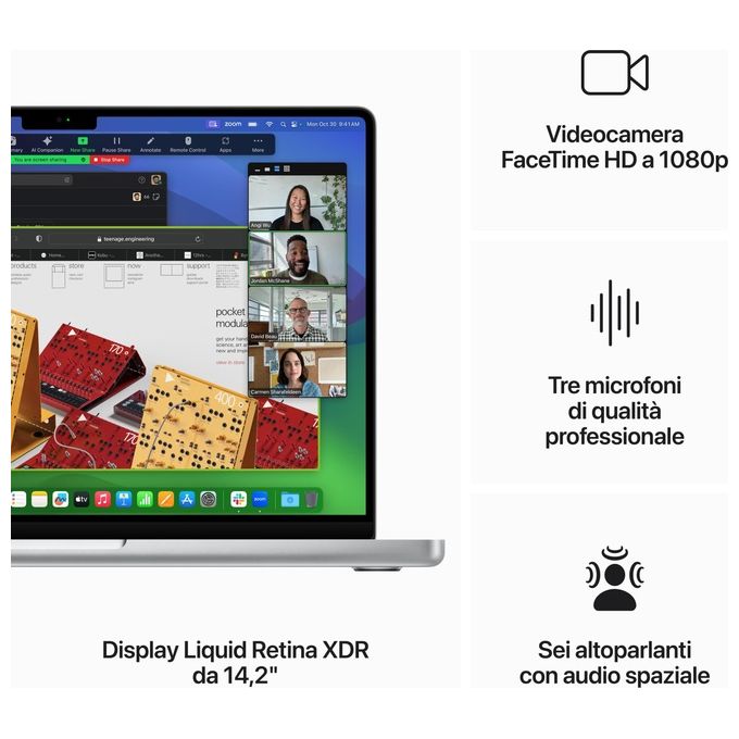 Apple MacBook Pro con Chip M3 CPU 8 Core GPU 10 Core Display Liquid Retina XDR 14.2'' 16Gb di Memoria Unificata 1Tb di Archiviazione SSD Argento