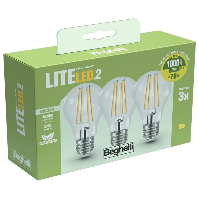 Beghelli Lampadina Led Goccia 7W e27 4000k Filament Led 2 Luce Naturale 3 Pezzi