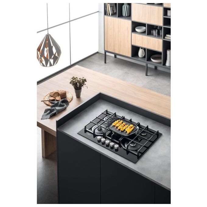 Hotpoint HAGS 72F-BK Serie Cristallo Nero Piano Cottura a Gas 5 Zone 1 Doppia Corona MyMenu Flame Control Griglie in ghisa 73 cm Nero