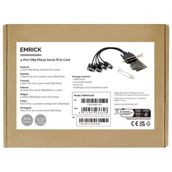 Conceptronic Scheda PCIe Seriale DB9-RS232 a 4 Porte