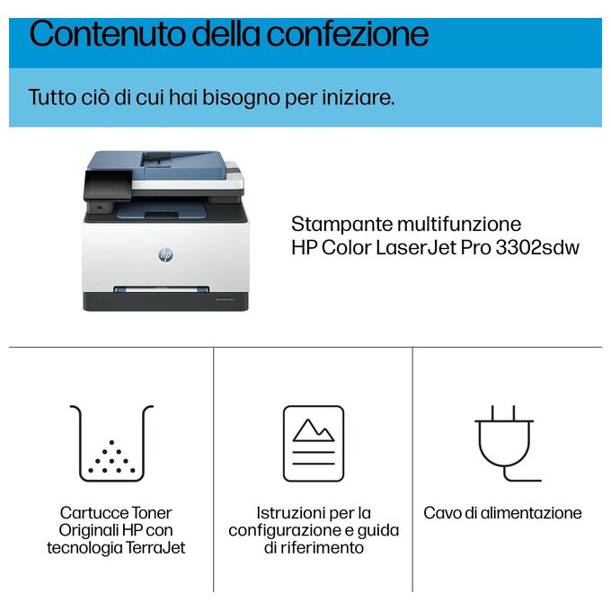 HP Color LaserJet Pro MFP 3302sdw Stampante Multifunzione Colore Laser 250 Fogli USB 2.0 Gigabit LAN Host USB 2.0 Wi-Fi