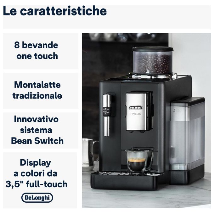 DeLonghi Rivelia Perfetto Macchina da Caffe' Automatica Chicchi Macinati al Momento Portachicchi Intercambiabile Montalatte Classico Display Touch a Colori Nero Onice