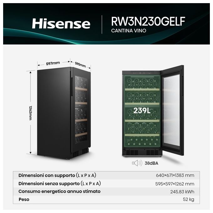 Hisense RW3N230GELF Cantinetta Vino 108 Bottiglie Classe F Temperatura 5 20 °C Ripiani in Legno colore Nero