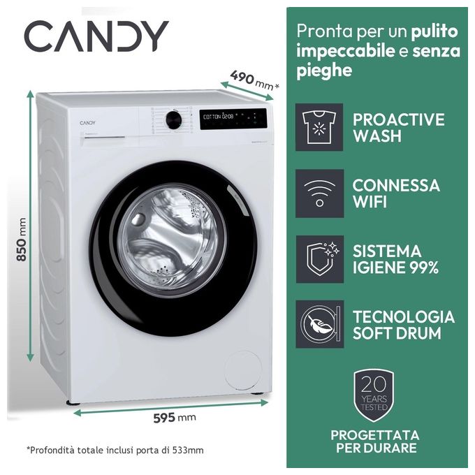 Candy BR 48B6-S ProWash 500 Lavatrice Frontale 8 Kg 1400 rpm Classe A Wi-Fi Inverter 16 Programmi (85x60x53 cm) colore Bianco