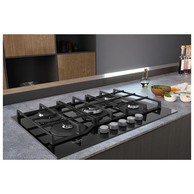 Hotpoint HAGS 72F-BK Serie Cristallo Nero Piano Cottura a Gas 5 Zone 1 Doppia Corona MyMenu Flame Control Griglie in ghisa 73 cm Nero