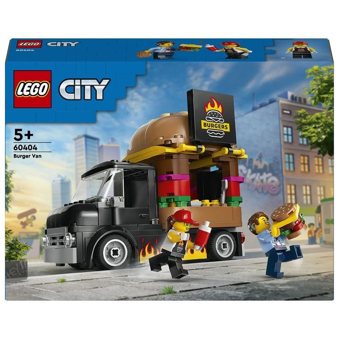 LEGO City 60404 Furgone degli Hamburger Giocattolo, Veicolo per Bambini 5+ Anni, Camion Food Truck con Accessori e 2 Minifigure