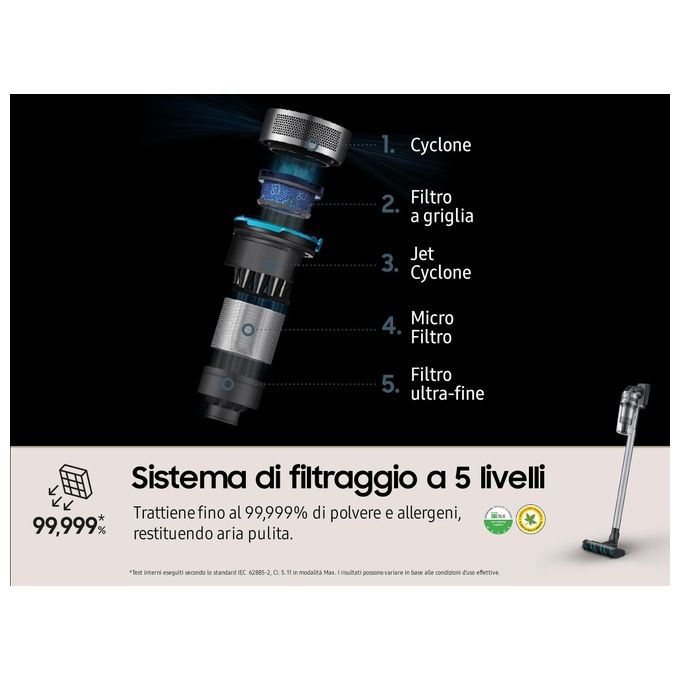 Samsung VS20B75ACR5-WA Scopa Elettrica senza Filo Aspirapolvere senza Sacco Ciclonica Potenza 200 Watt colore Argento