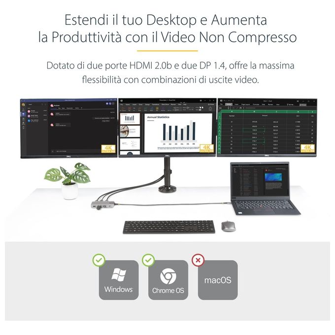 StarTech.com Adattatore Multiporta USB-C Docking Station USB Type-C 2x 4K30Hz  HDMI e DisplayPort 4K 60Hz Hub USB a 3 Porte 10Gbps