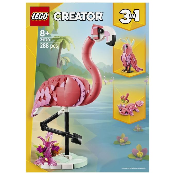 LEGO Creator 3 in 1 Animali Selvatici: Fenicottero Rosa Giocattolo - Si Trasforma in Uccello Cacatua o in Axolotl - Animali da Costruire per Bambini e Bambine da 8 Anni - Regalo di Compleanno 31170
