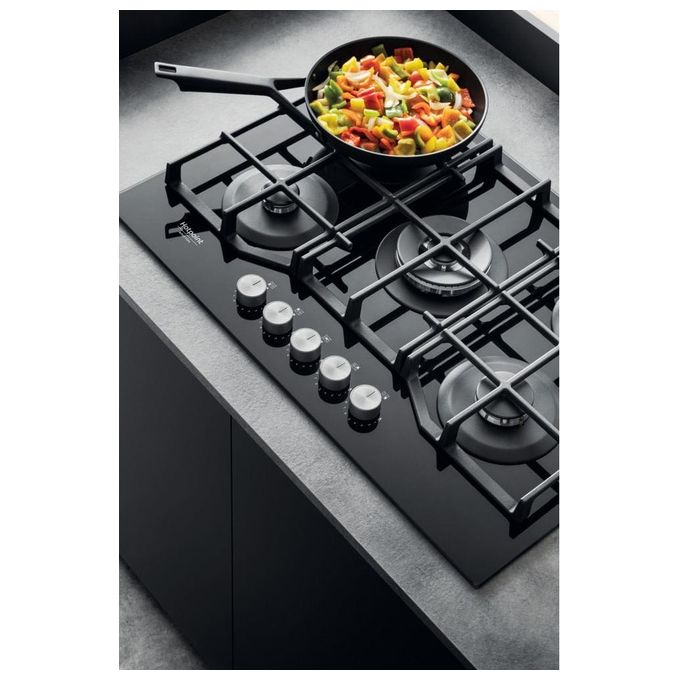 Hotpoint HAGS 72F-BK Serie Cristallo Nero Piano Cottura a Gas 5 Zone 1 Doppia Corona MyMenu Flame Control Griglie in ghisa 73 cm Nero
