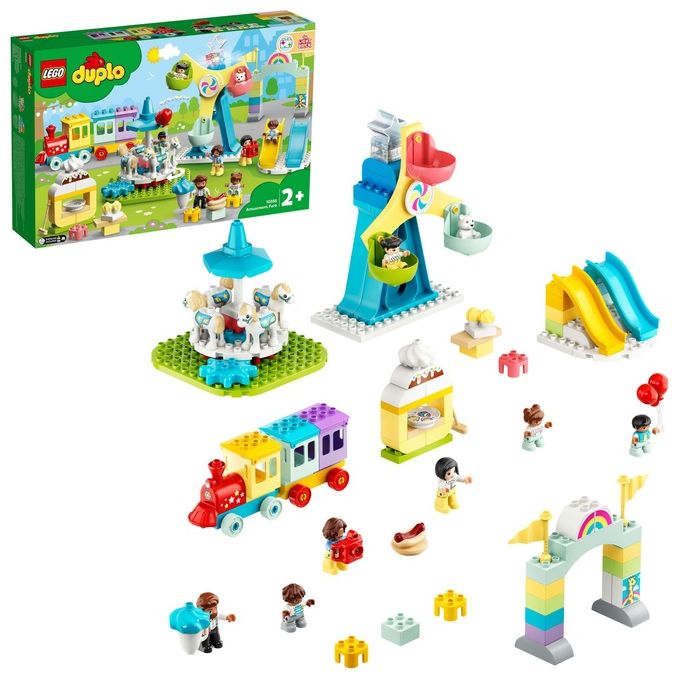 LEGO 10956 DUPLO Town Parco dei Divertimenti con Scivoli Giostra Ruota Panoramamica Treno e 7 Minifigure colore Multicolore