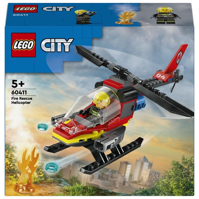 LEGO City 60411 Elicottero dei Pompieri, Veicolo Giocattolo con 2 Elementi Lancia-Acqua e Minifigure, Giochi per Bambini 5+
