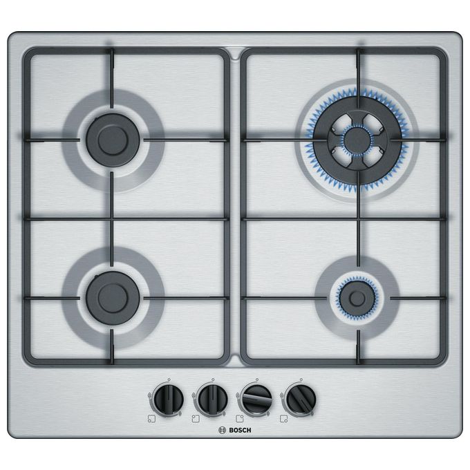 Bosch PGH6B5B60 Serie 4 Piano Cottura a Gas 4 Zone Griglie in Ghisa 60 cm Acciaio Inox