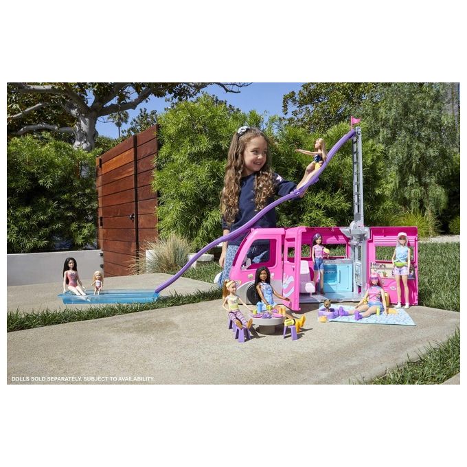 Barbie Camper dei Sogni - Veicolo con Scivolo e Piscina 2 Cuccioli 7 Aree Gioco Alto 76 cm