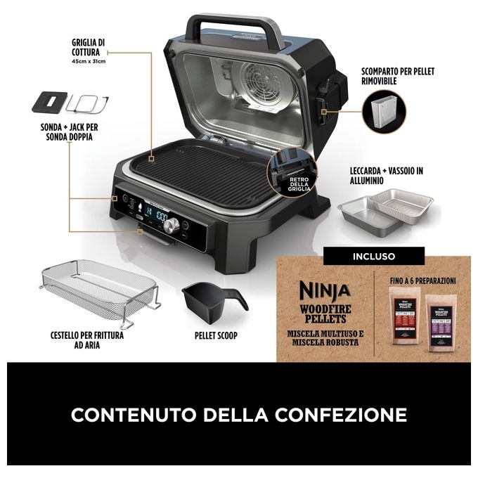 Ninja OG901EU Woodfire Pro Connect XL Barbecue Elettrico Griglia Affumicatore Friggitrice ad Aria 7 in 1 Controllo con App Termometro Digitale Pellet Woodfire Resistente alle Intemperie Nero