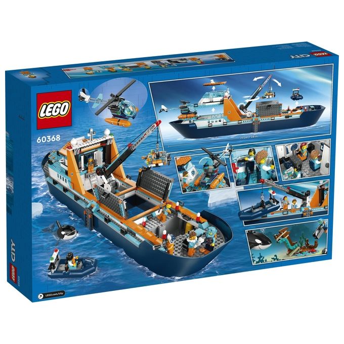 LEGO City 60368 Esploratore Artico, Grande Nave Giocattolo Galleggiante con Elicottero, Gommone, Sottomarino e Relitto Barca