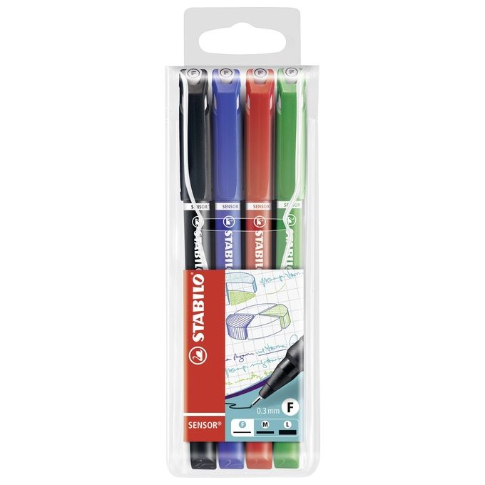 Fineliner con punta ammortizzata - STABILO SENSOR F - Tratto Fine (0,3 mm) - Astuccio da 4 - Nero-Blu-Rosso-Verde