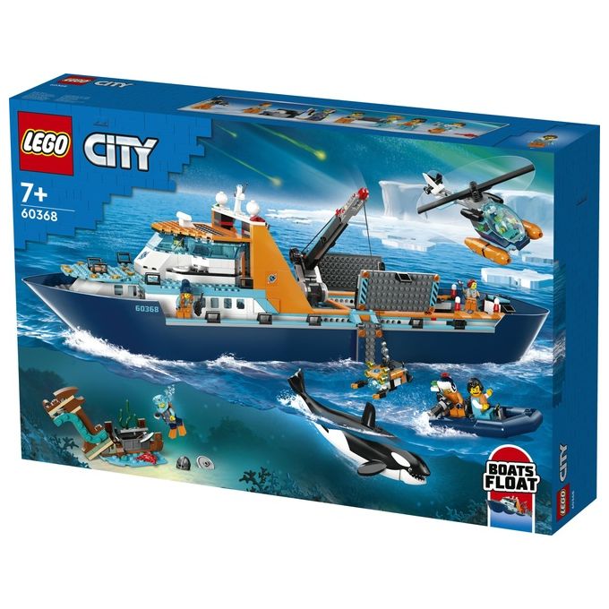 LEGO City 60368 Esploratore Artico, Grande Nave Giocattolo Galleggiante con Elicottero, Gommone, Sottomarino e Relitto Barca