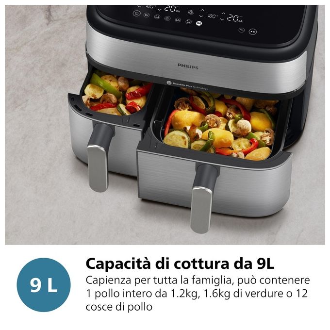 [ComeNuovo] Philips Airfryer Serie 5000 Friggitrice ad aria con doppio cestello 9.0 Litri e cottura a vapore