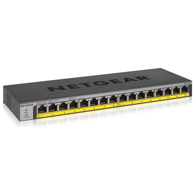 Netgear GS116LP Switch 16 x 10-100-1000 PoE+ Desktop Montabile su Rack o Montaggio a Parete PoE+ 76W Alimentazione CC