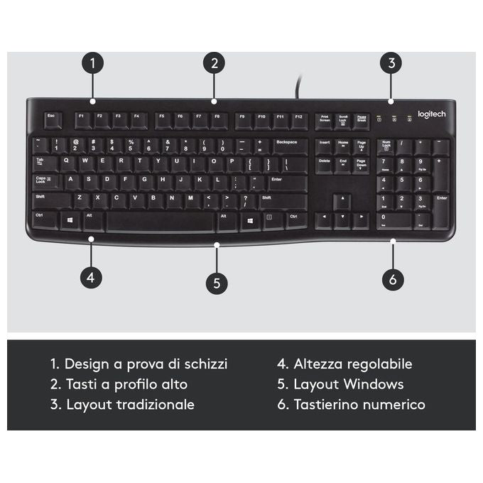 Logitech K120 Tastiera USB Cablata Full-size QWERTY Italiano Nero per Windows-Linux