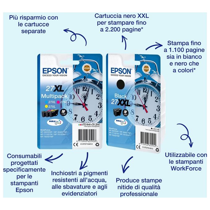 Epson 27XXL 34.1 ml misura XXL nero originale blister cartuccia dinchiostro per WorkForce WF-3620DWF, WF-3640DTWF, WF-7110DTW, WF-7610DWF, WF-7620, WF-7620DTWF