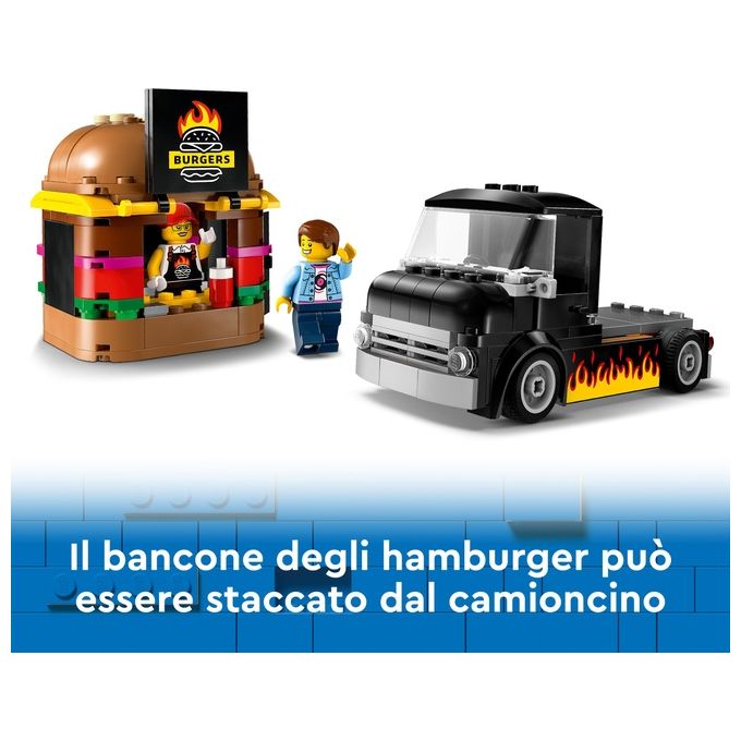 LEGO City 60404 Furgone degli Hamburger Giocattolo, Veicolo per Bambini 5+ Anni, Camion Food Truck con Accessori e 2 Minifigure